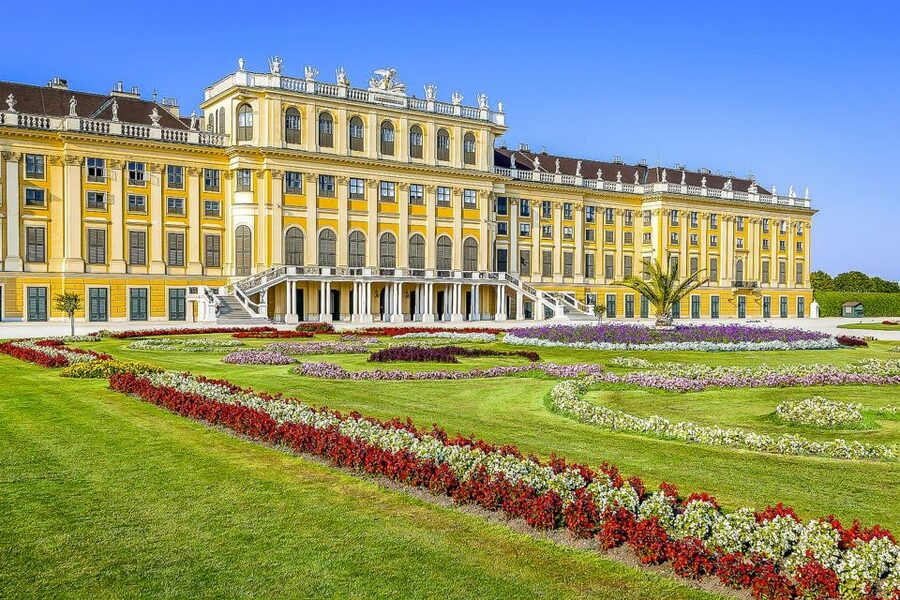 Schönbrunn Palace above its parterre gardens in Vienna